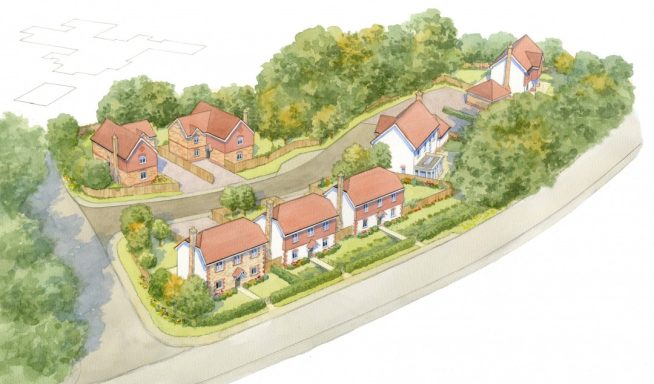 Watercolour aerial view of small residential development off a country lane.