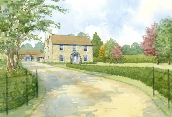 Watercolour artist impression of Cotswold stone house with long private drive.