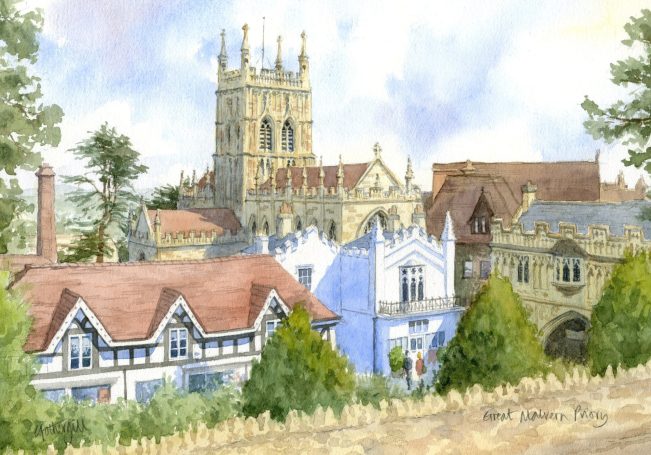 Watercolour landscape depicting a village with historic buildings and a church tower.
