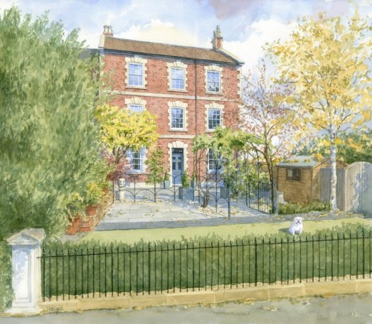 Georgian House with garden and dog Watercolour portrait of three-storey Georgian house and garden, with dog in foreground.