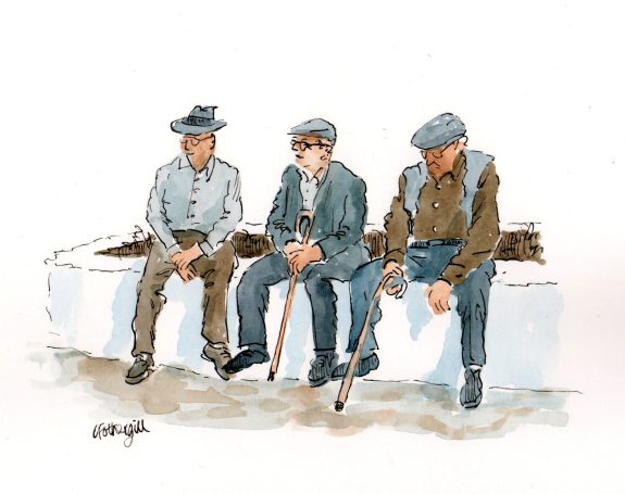 A pen and wash sketch of three Spanish retired gentlemen sitting on a bench in Ronda, watching the world go by. 
