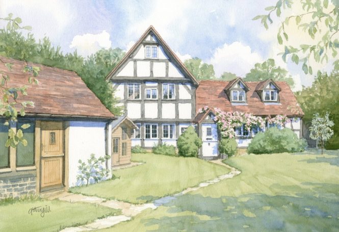 Half-timbered house with garden view Watercolour portrait of half-timbered house from a garden perspective.
