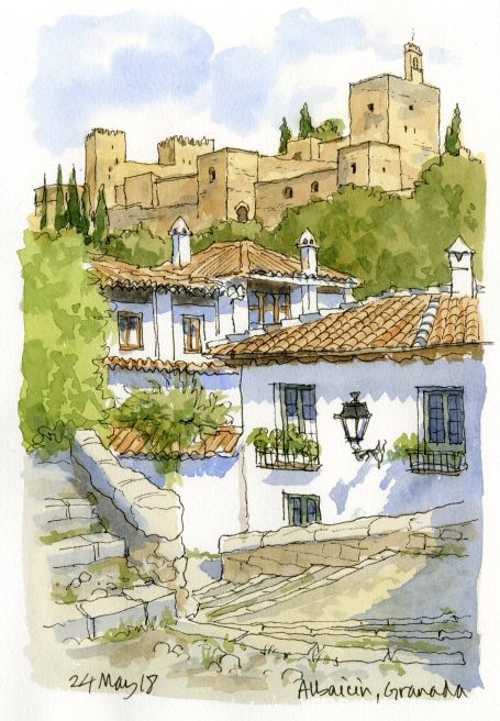 The Alhambra Palace, drawn from the Albaicin in Granada, Andalucia, Spain