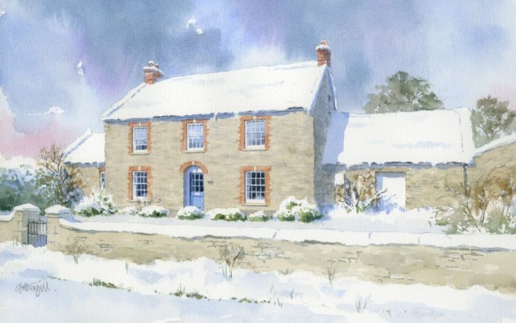 Stone house in snow Watercolour portrait of stone built house on a snowy day.