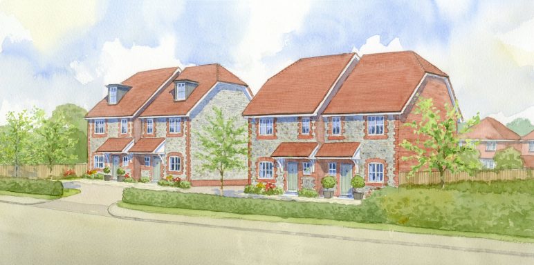 Two semi-detached houses with red roofs, surrounded by greenery and a road.