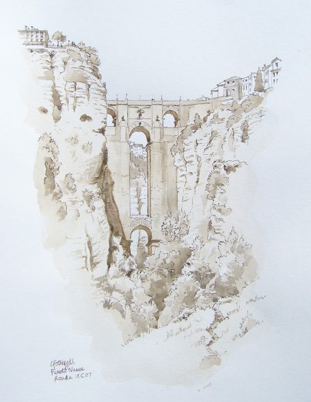 Pen and sepia wash of the bridge at Ronda, Andalusia, Spain