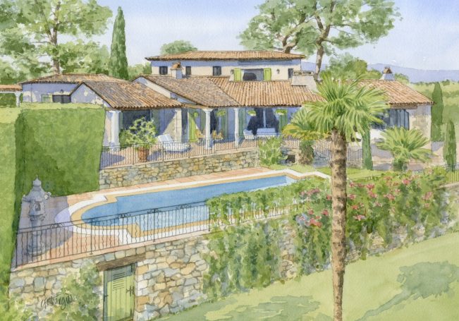 A picturesque villa with a pool, surrounded by lush greenery and palm trees.