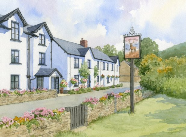 Devon pub with pub sign outside Watercolour house portrait of Devon pub with planting on stone wall outside.