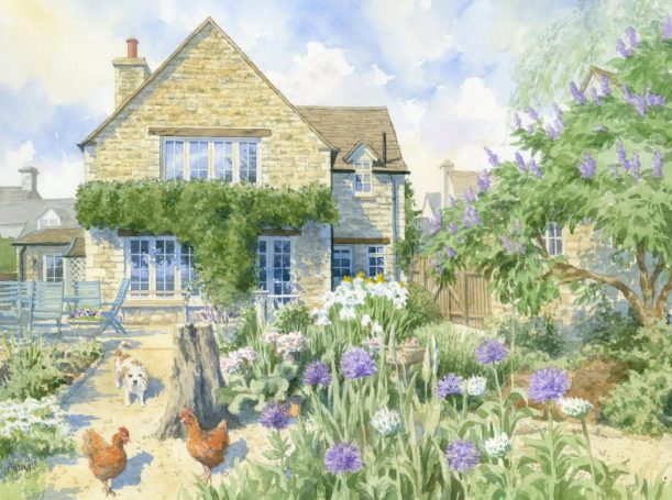 Cotswold stone house with garden, hens and dog Watercolour portrait of Cotswold stone house, showing garden in bloom, with hens and a dog.