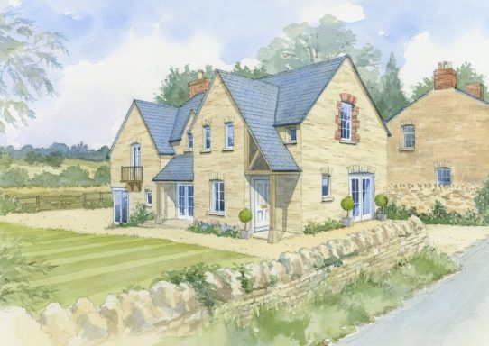 Watercolour artist impression of new build Cotswold stone house with dry stone wall.