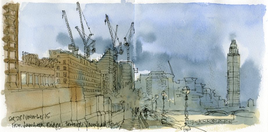 Pen and wash sketch from Lambeth Bridge, London in winter twilight