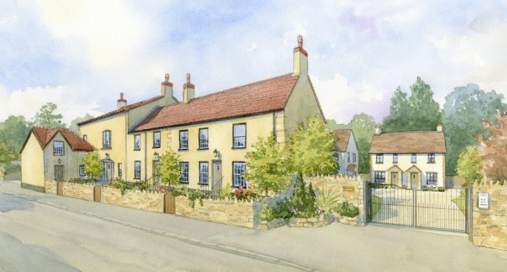 Watercolour artist impression of proposed pub conversion to private residential, including existing car park. 