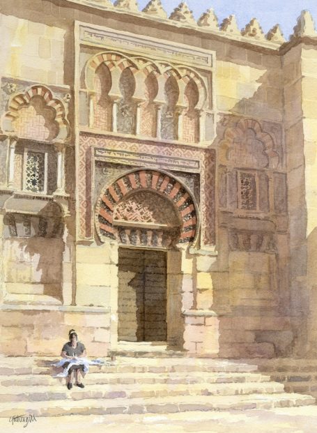 A watercolour of a lace seller on the steps of the Great Mosque in Cordoba. The stonework around the old door is amazing.