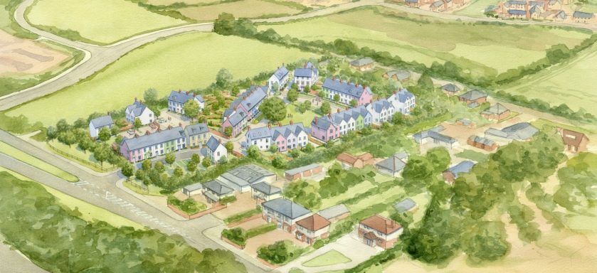 Watercolour aerial artist impression of proposed village style residential development in its setting.