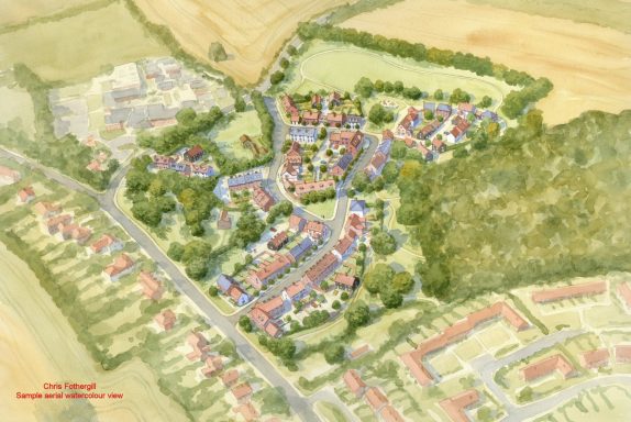 Watercolour aerial artist impression of proposed residential development on edge of village