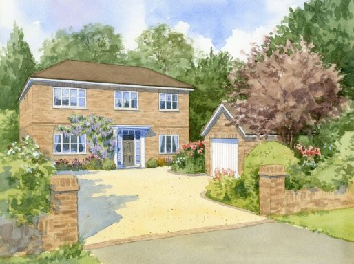 A brick house with blue windows, surrounded by a garden and a garage.