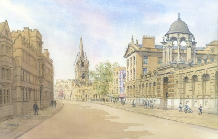 Watercolour of Oxford High Street with Queens College
