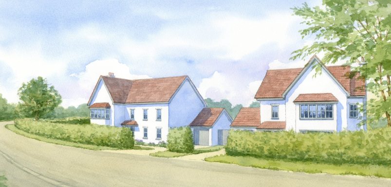 Two light blue houses with red roofs, set along a winding road, surrounded by greenery.