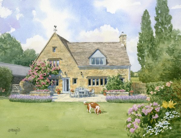 Cotswold house portrait Watercolour house portrait in Cotswolds
