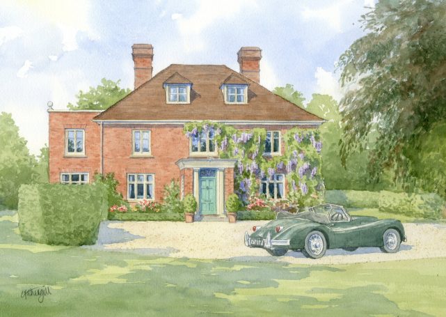 House portrait with classic car Watercolour house portrait with climbing wisteria and a classic car on the drive.