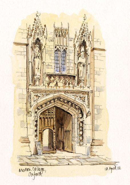 Pen and wash sketch of doorway at Merton College, Oxford.