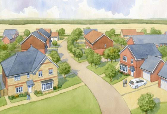 Aerial view of a suburban development with houses and green spaces.