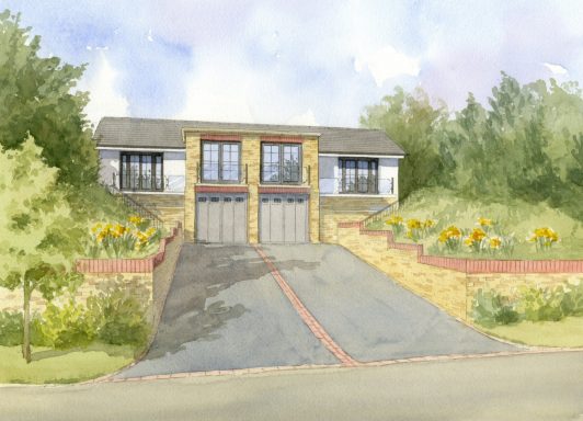 A contemporary two-storey house with a sloped driveway and flowerbeds.