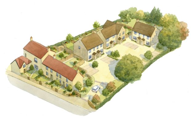 Watercolour artist impression of proposed residential development in existing pub car park