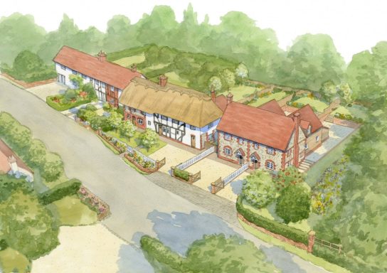 Watercolour aerial artist impression of proposed flint and brick cottages next to restored thatched cottage.