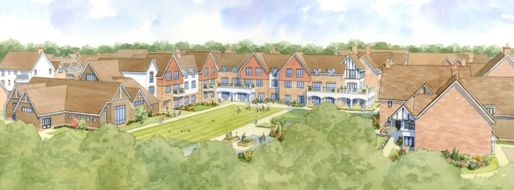 Aerial view of a residential development with houses and green spaces.