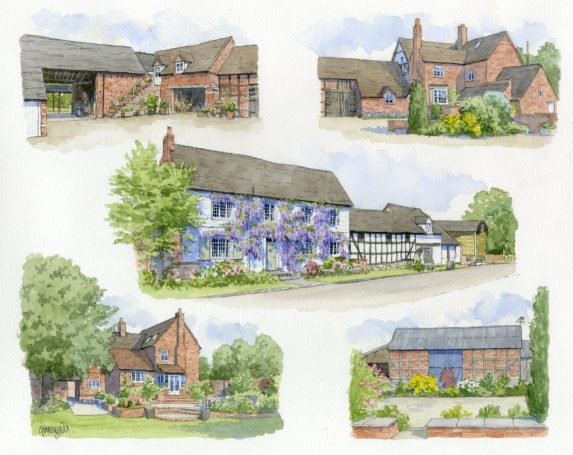 Collection of charming houses with varied designs and gardens, illustrated in watercolour.