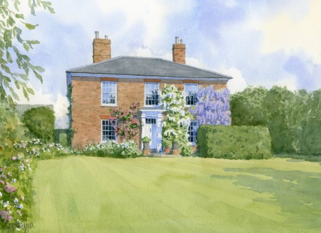 Georgian villa with wisteria Watercolour house portrait of Georgian villa with wisteria and climbing roses